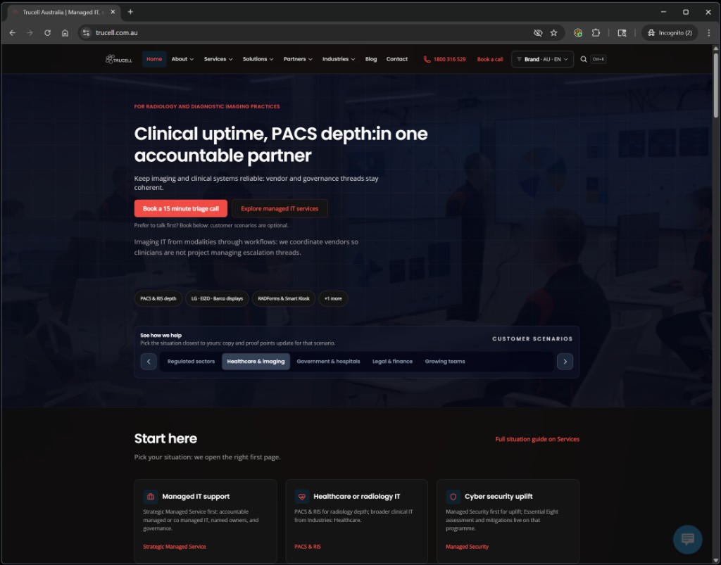 Trucell homepage, dark theme for radiology and diagnostic imaging: clinical uptime and PACS depth headline, Book a 15 minute triage call, modality tags including PACS and RIS and RADForms