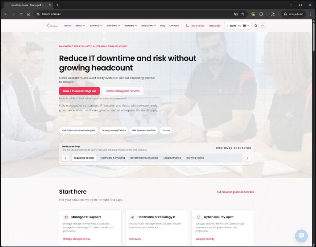 Trucell homepage for regulated Australian organisations: hero with Book a 15 minute triage call, customer scenarios, and header region selector