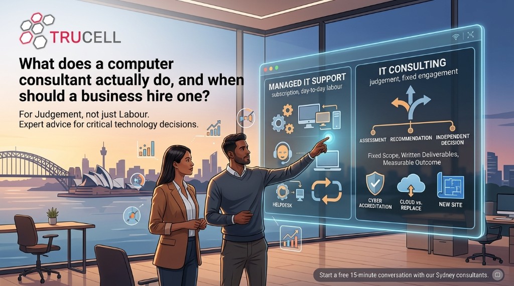 Editorial banner: what a computer consultant does, with managed IT support vs IT consulting on a holographic interface overlooking Sydney Harbour