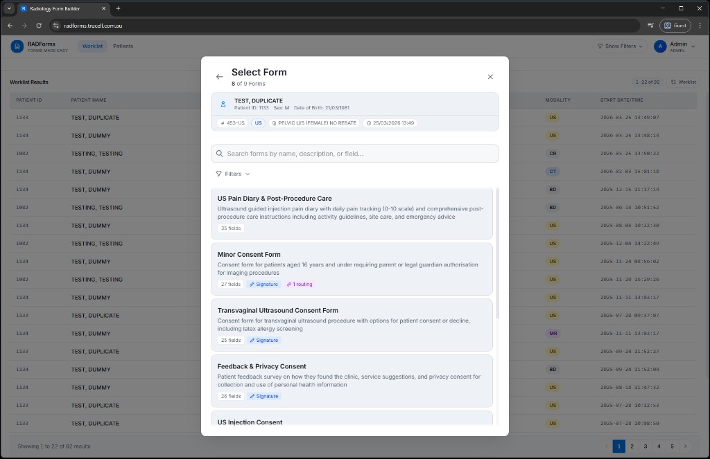 RADForms form picker showing searchable consent templates and metadata badges.